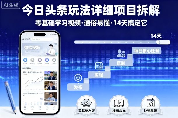 今日头条玩法详细拆解！零基础也能学，视频讲得通俗易懂，14 天就能搞定做号赚钱！-AI创作学习-提示词应用-短视频玩法唐辛AI创作学习网