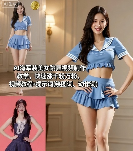 AI 海军装美女跳舞视频教程来啦！附绘图词、动作词提示词，跟着做就能出好看视频，超简单！-AI创作学习-提示词应用-短视频玩法唐辛AI创作学习网