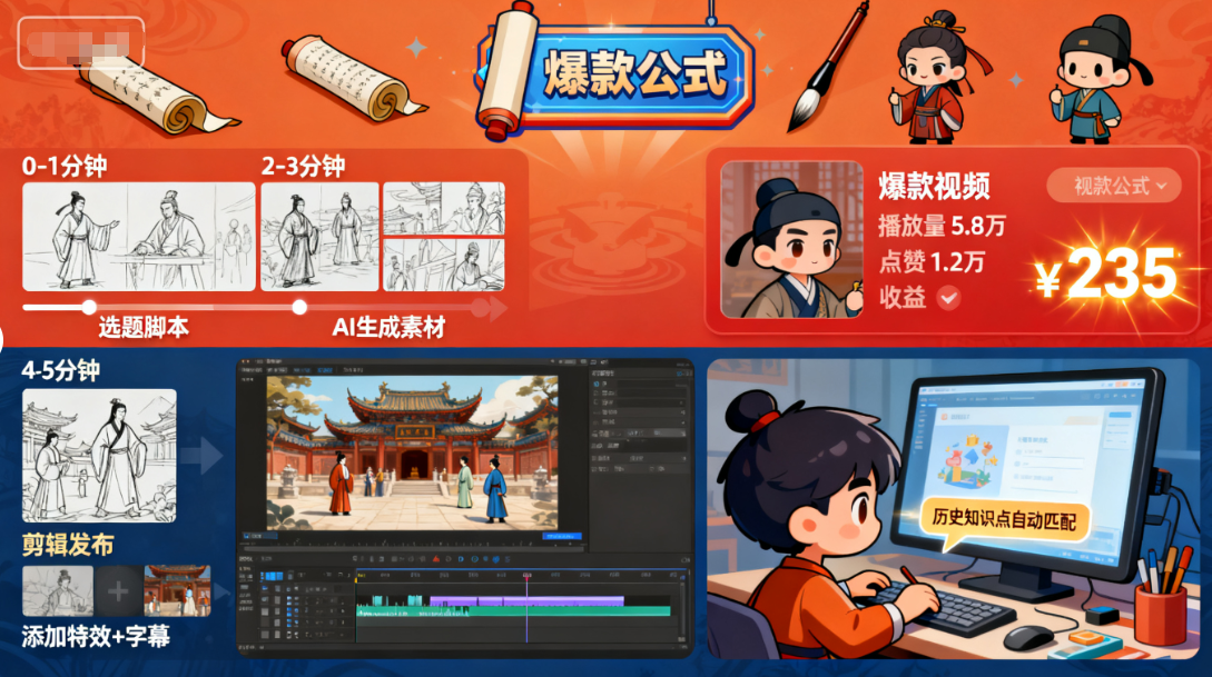 动漫历史视频：5分钟学会爆款制作，单条视频收益200+-AI创作学习-提示词应用-短视频玩法唐辛AI创作学习网