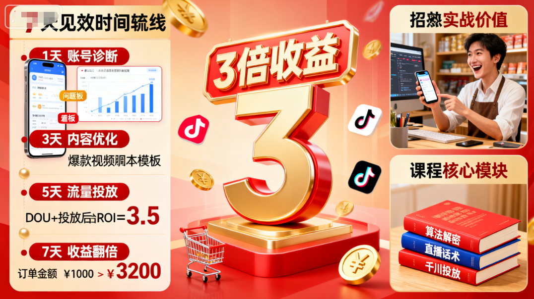 抖音经营课：3倍提升收益，7天见效的商家秘籍-AI创作学习-提示词应用-短视频玩法唐辛AI创作学习网