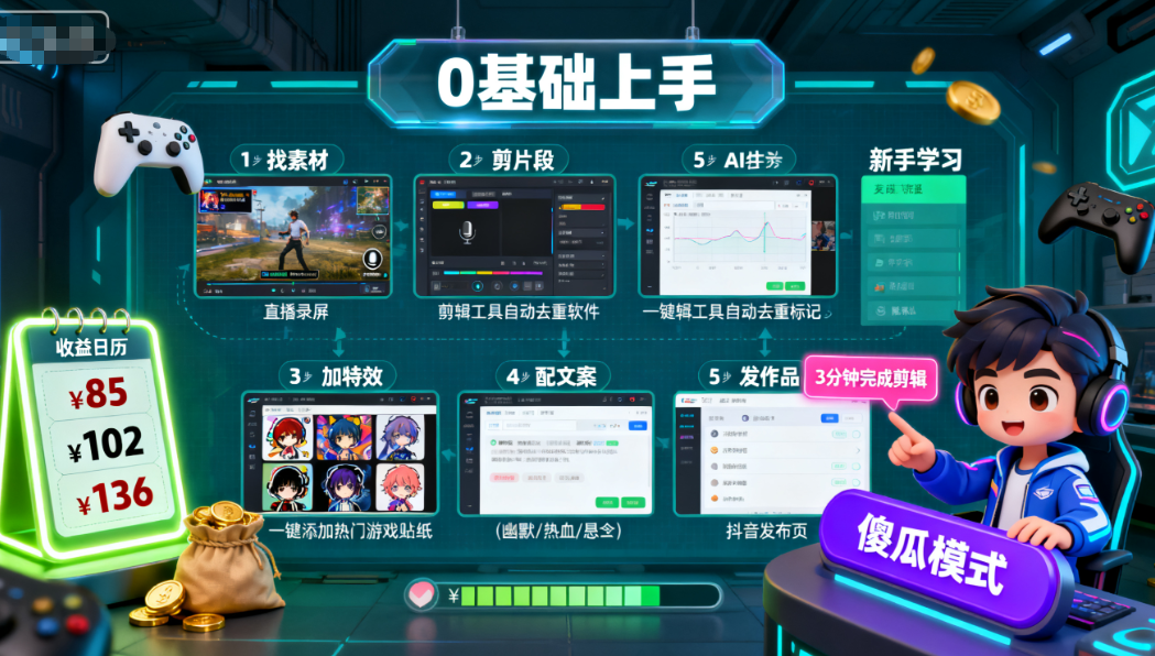 抖音游戏搬运：0基础日赚100+的5步傻瓜教程，3天就能上手-AI创作学习-提示词应用-短视频玩法唐辛AI创作学习网