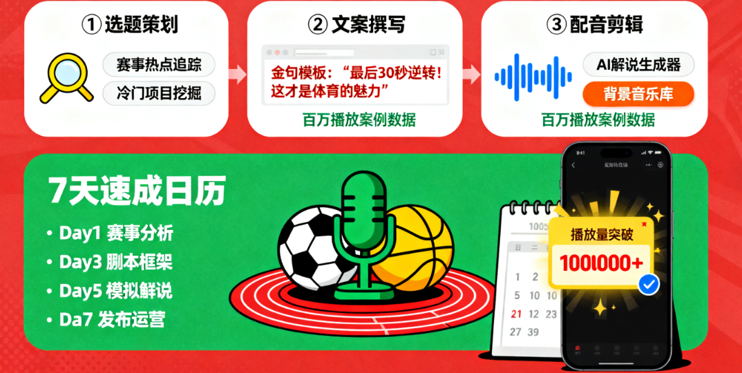 体育解说文案：3步打造百万播放，新手7天速成指南-AI创作学习-提示词应用-短视频玩法唐辛AI创作学习网