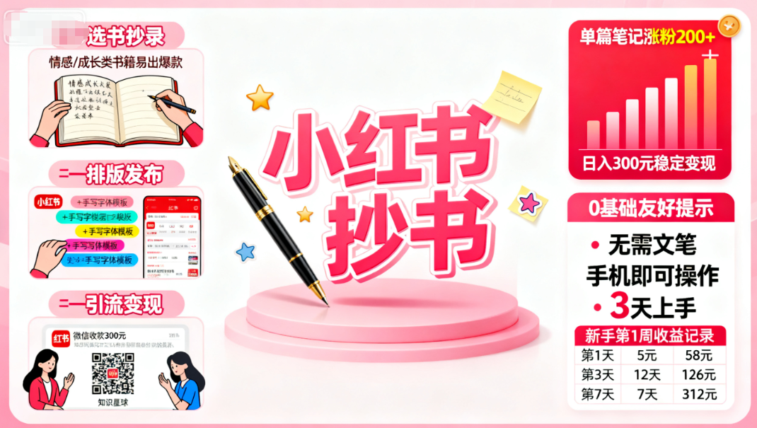 小红书抄书：日赚300的3步操作，0基础也能做-AI创作学习-提示词应用-短视频玩法唐辛AI创作学习网
