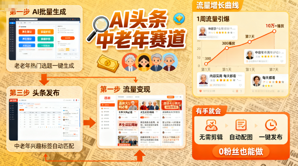 AI头条搬运日入多张：中老年赛道有手就会，1周引爆流量-AI创作学习-提示词应用-短视频玩法唐辛AI创作学习网