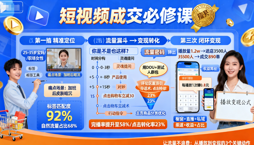 短视频成交必修课：3招搞定精准流量，让你的每1个播放都变现-AI创作学习-提示词应用-短视频玩法唐辛AI创作学习网