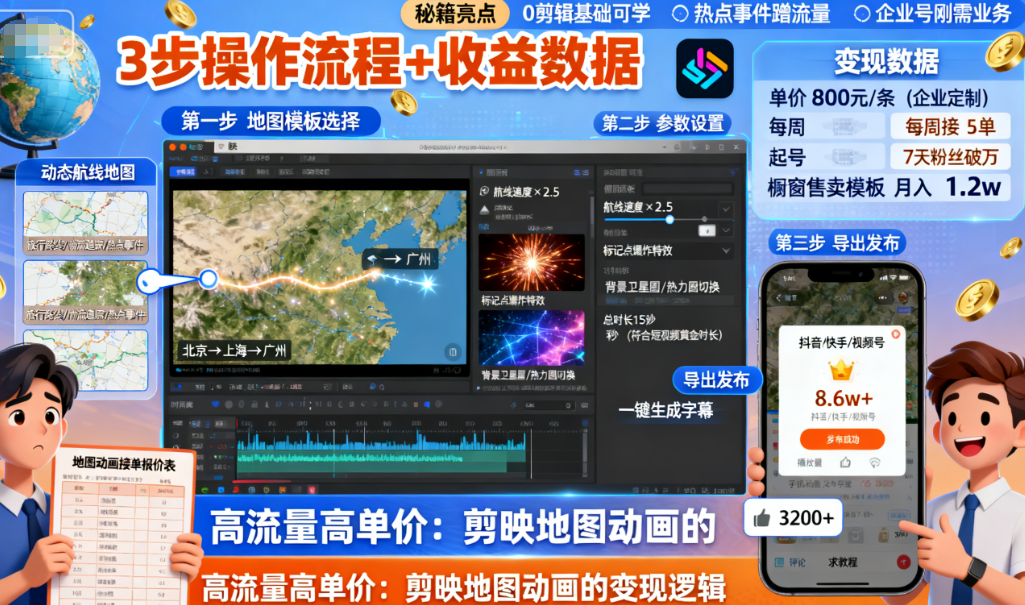 剪映地图动画3步成片：高单价高流量，1周起号变现秘籍-AI创作学习-提示词应用-短视频玩法唐辛AI创作学习网