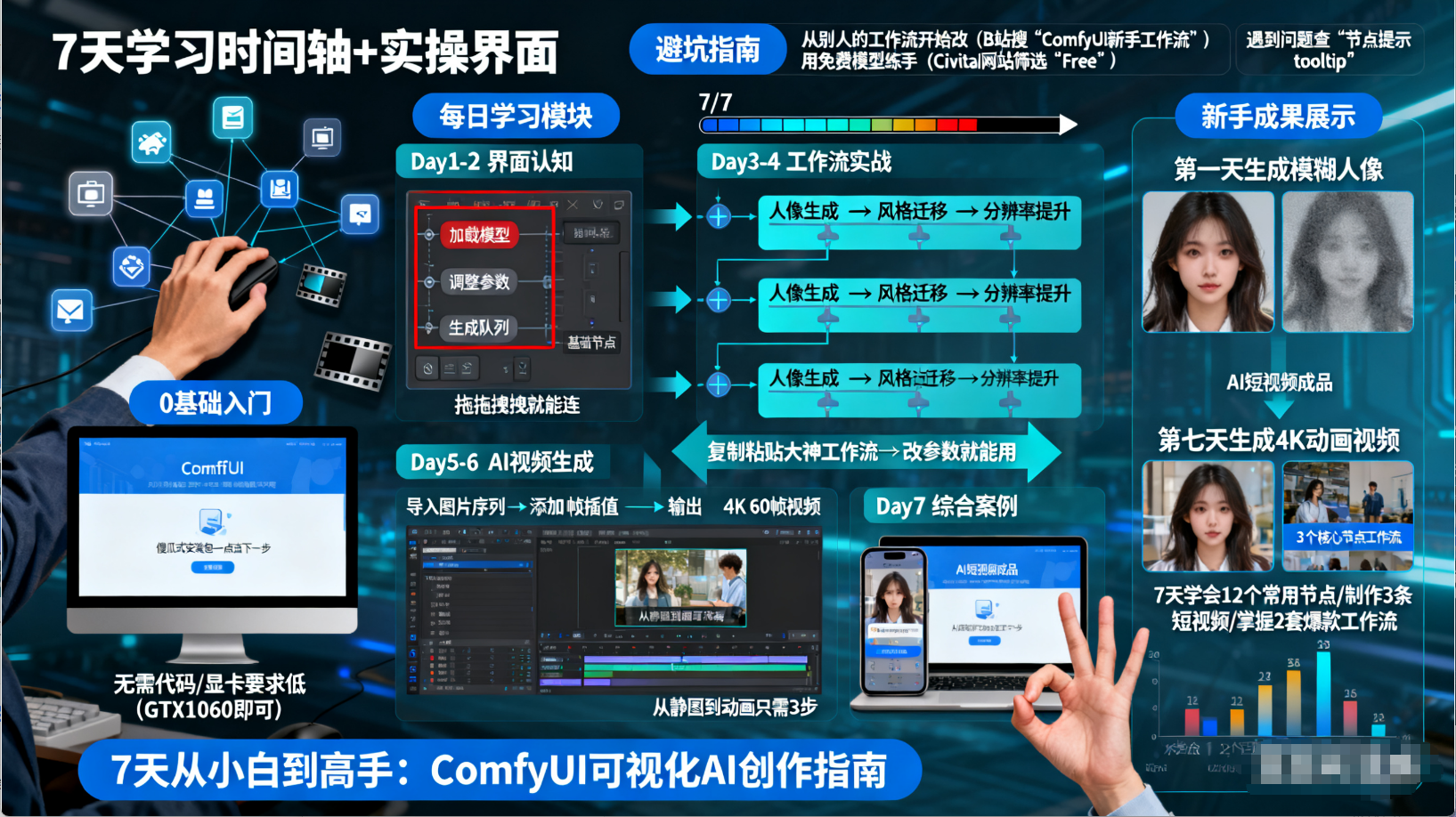 0 基础到进阶超简单！7 天教你玩转 ComfyUI，连工作流 + AI 视频生成一起会，新手也能快速上手！-AI创作学习-提示词应用-短视频玩法唐辛AI创作学习网