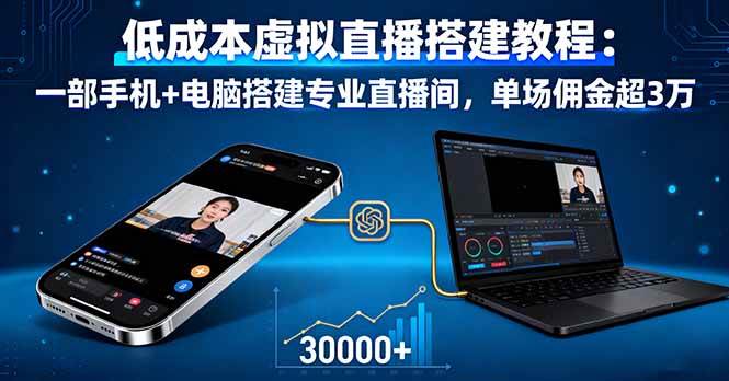 低成本虚拟直播搭建教程！1 部手机 + 1 台电脑，就能搭专业直播间，单场佣金超 3 万！-AI创作学习-提示词应用-短视频玩法唐辛AI创作学习网