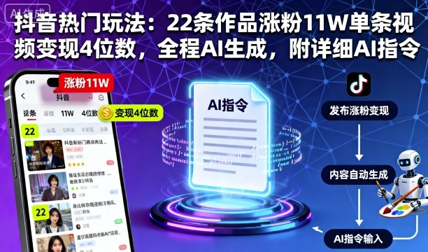 抖音这热门玩法太顶了！22 条作品涨 11W 粉，单条变现 4 位数，全程 AI 生成还附详细指令，小白也能搞！-AI创作学习-提示词应用-短视频玩法唐辛AI创作学习网