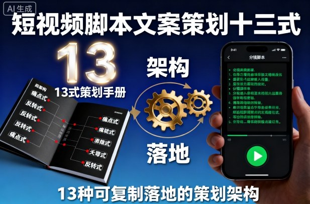短视频脚本文案策划十三式太香了！13 种全是可复制的落地策划架构，跟着套模板写文案不发愁，新手也能快速出爆款！-AI创作学习-提示词应用-短视频玩法唐辛AI创作学习网