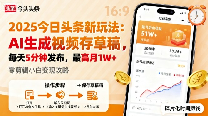 2025年今日头条躺賺新玩法，AI生成视频存草稿，每天5分钟发布，最高月1W+【揭秘】-AI创作学习-提示词应用-短视频玩法唐辛AI创作学习网