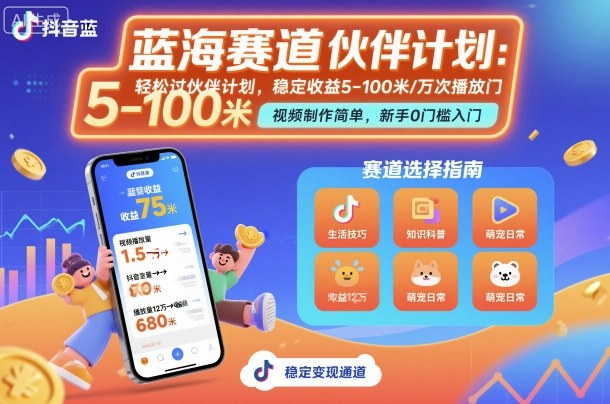抖音蓝海赛道，轻松过伙伴计划，视频制作简单，万次播放收益在5-100米，稳定收益-AI创作学习-提示词应用-短视频玩法唐辛AI创作学习网