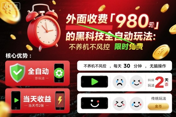 外面收费980的黑科技全自动玩法，不养机不风控，每天30分钟，无脑操作，当天收益2张【揭秘】-AI创作学习-提示词应用-短视频玩法唐辛AI创作学习网