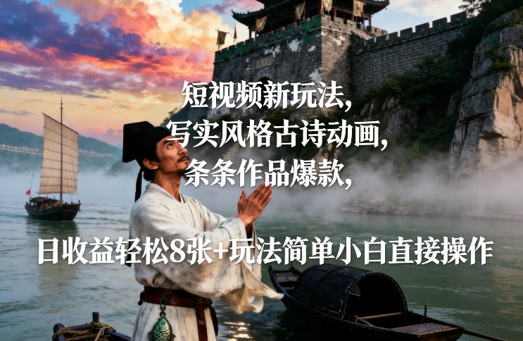 短视频新玩法，写实风格古诗动画，条条作品爆款，日收益轻松8张+玩法简单小白直接操作-AI创作学习-提示词应用-短视频玩法唐辛AI创作学习网